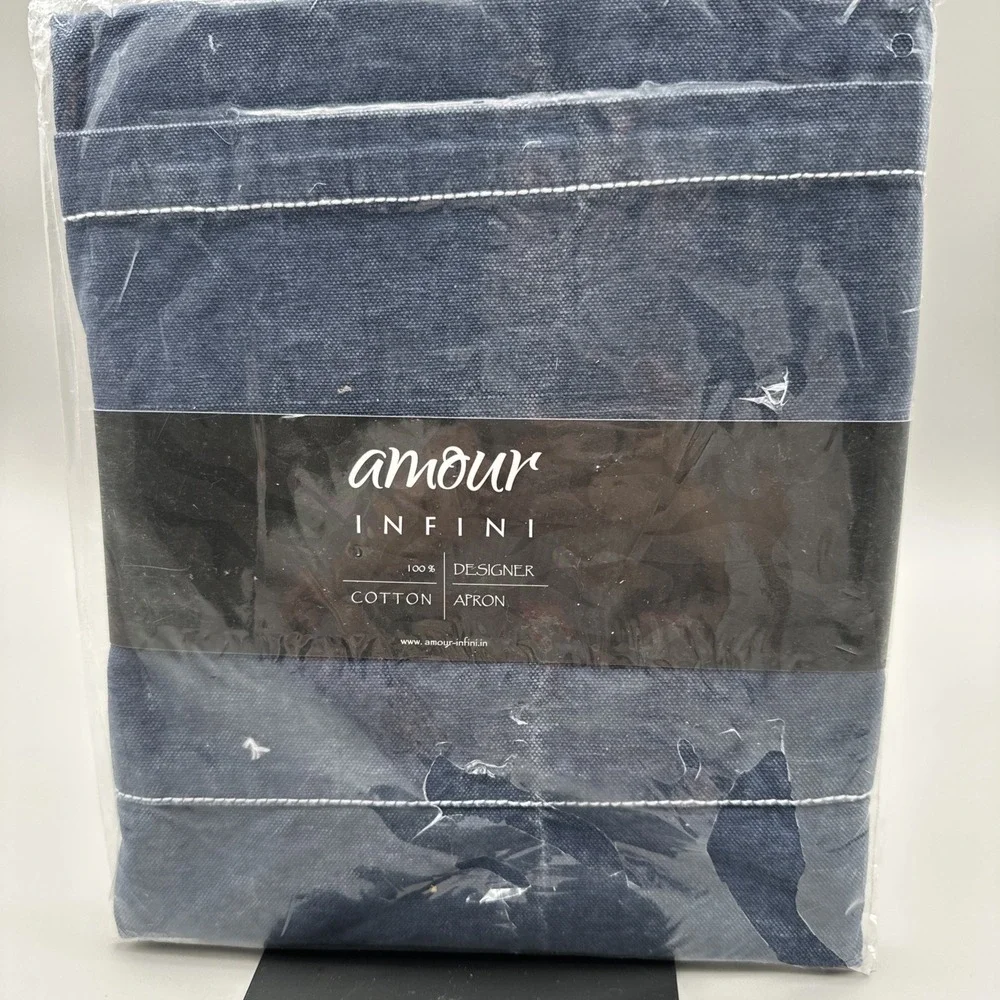 Amour Infini Washed Blue Cotton Canvas Apron Adjustable Strap Pocket NEW In Pkg